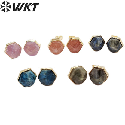 WKT-E700 Wholesale New Fashion Gold Bezel Hexagon Stone Studs Earrings Faceted Natural Labradorite Amethyst Studs for Friends
