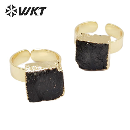 WT-R439 Amazing Fashion Black Tourmaline Energy Stone Ring Women Gold Electroplated Resist Tarnishable 12mm square Black Ring