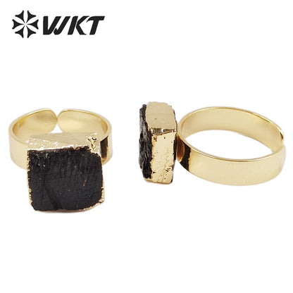 WT-R439 Amazing Fashion Black Tourmaline Energy Stone Ring Women Gold Electroplated Resist Tarnishable 12mm square Black Ring