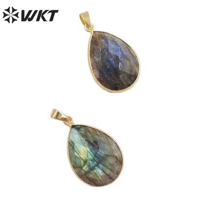 WT-P799 Faceted Teardrop Labradorite Pendant with Gold Electroplated Natual Colors Gold Pendant for Necklace Handmade Stone