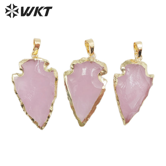 WT-P1878 New Material Fashion Gold Trim Natural Pink Opal Arrowhead in 1.5 Inch Pendant Natural Stone Hand Carved Opal Pendant