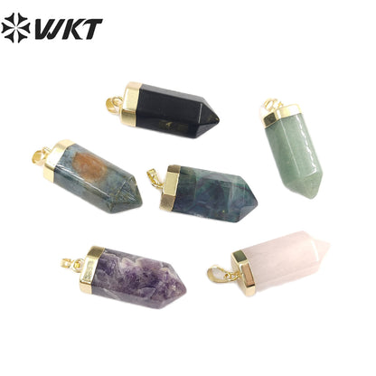WT-P1880 WKT HOT Natural Stone Pendant 30mm Long Gold Top Black Obsidian Quartz Point Pendant for Necklace