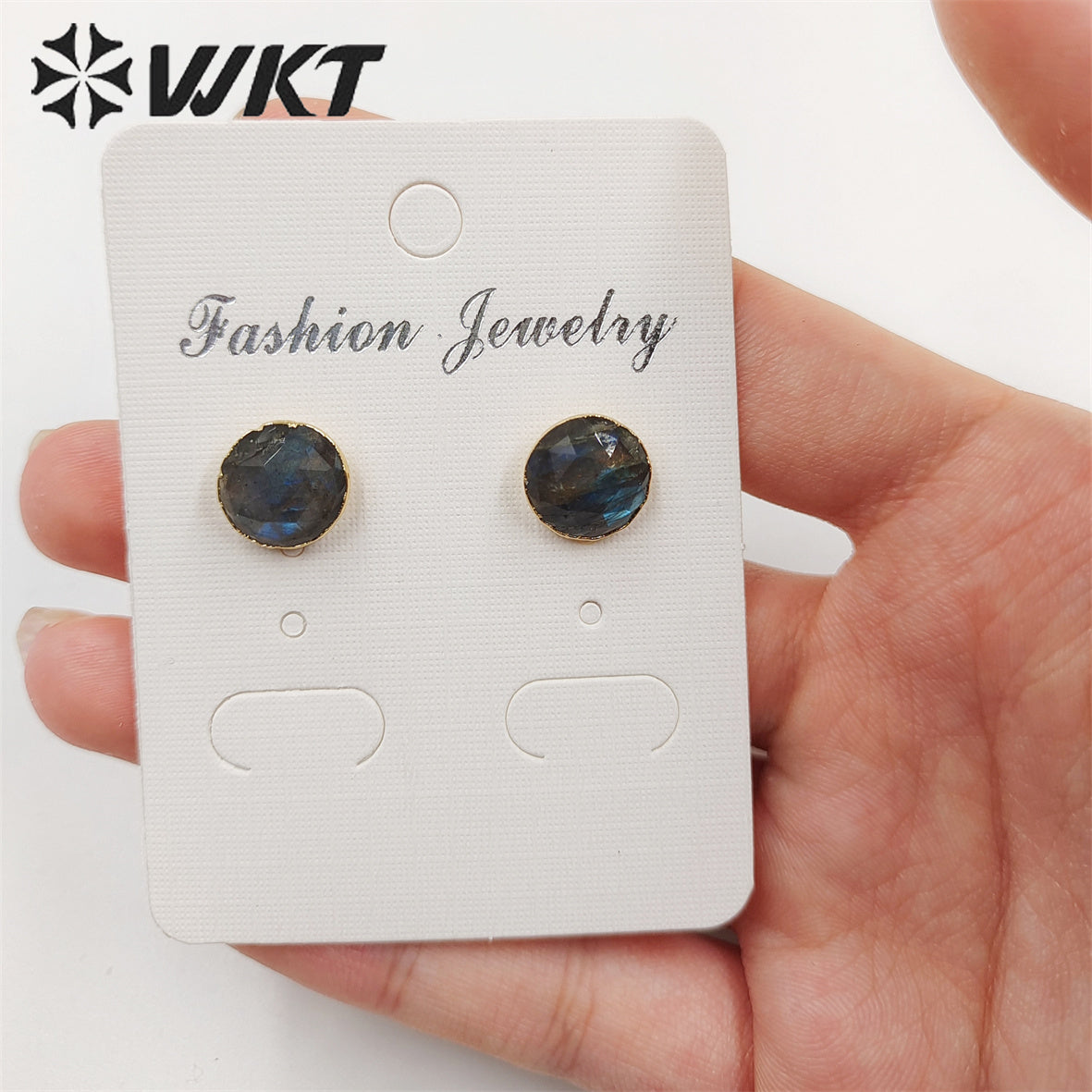 WT-E151 Fashion Lovely 10mm Sparkly Natural Labradorite Studs with Gold Trim Women Small Real Stone Studs Earrings