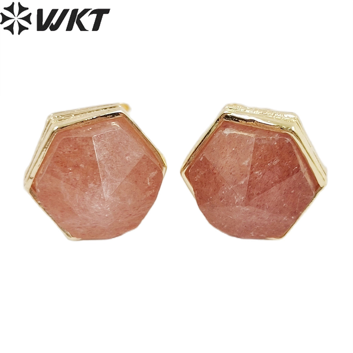 WKT-E700 Wholesale New Fashion Gold Bezel Hexagon Stone Studs Earrings Faceted Natural Labradorite Amethyst Studs for Friends