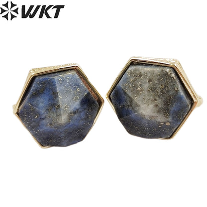 WKT-E700 Wholesale New Fashion Gold Bezel Hexagon Stone Studs Earrings Faceted Natural Labradorite Amethyst Studs for Friends