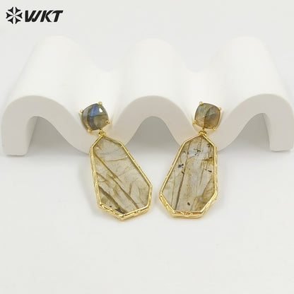 WT-E826 Factory Wholesale Gold Plated Colorful Natural Gemstones Long Earrings For Female Party Wearing Jewelry Accessory