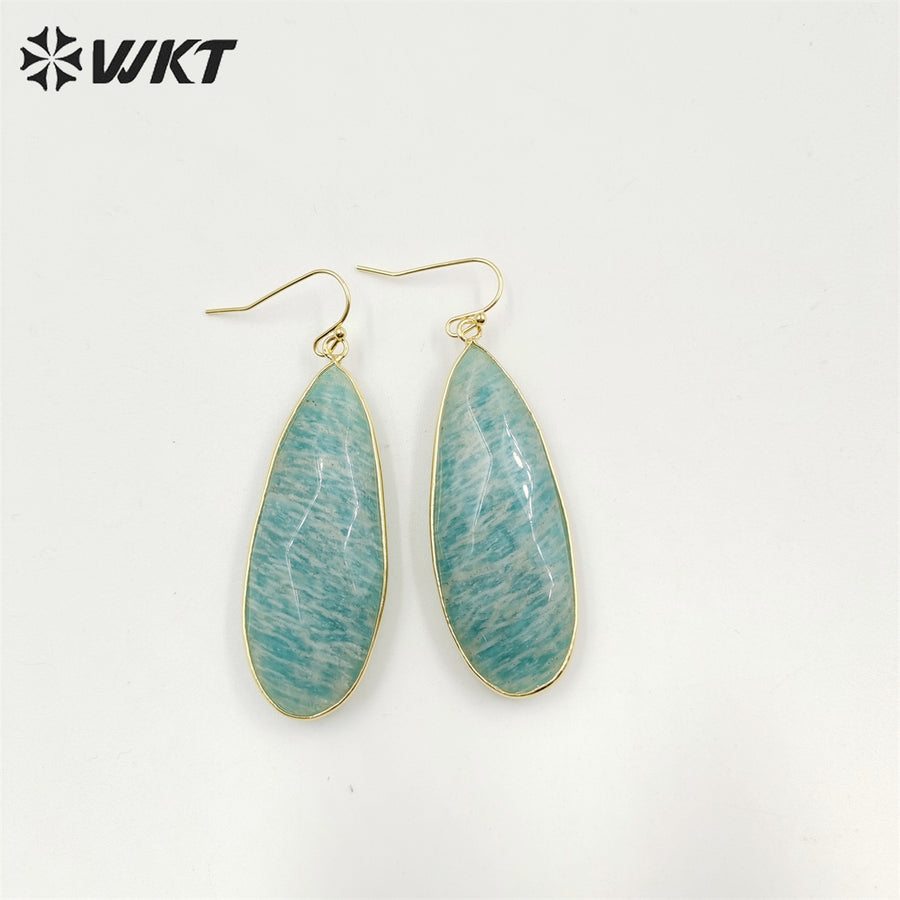 WT-E708 Women Gorgeous Double Faceted Cut Long Waterdrop Amazonite Earrings 18k Gold Bezel Dangle Earrings for Girls