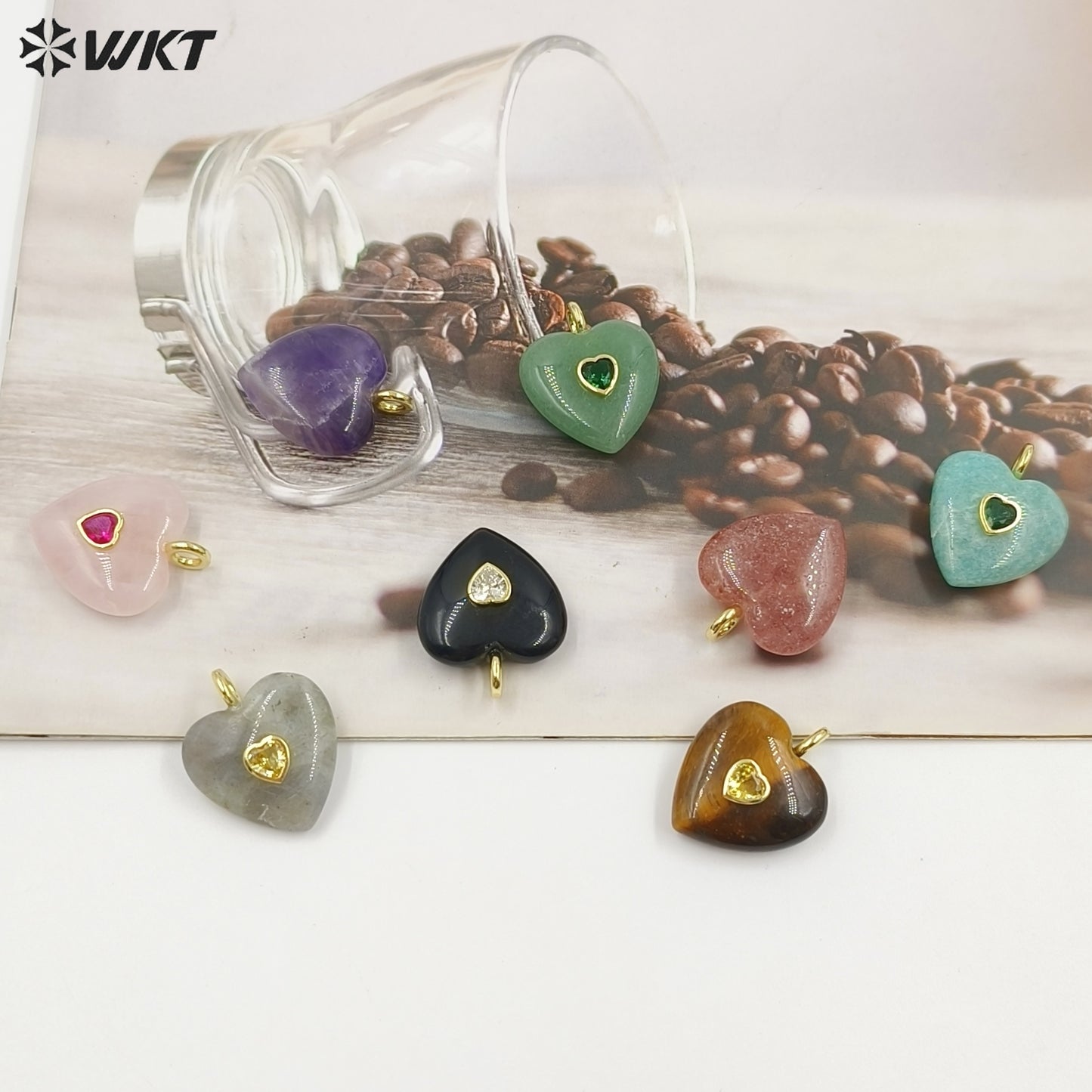 WT-P2059 Factory Wholesale Gold Zircon And Natural Gemstones Heart Shape Pendants As Girls Romantic Jewelry Decorations