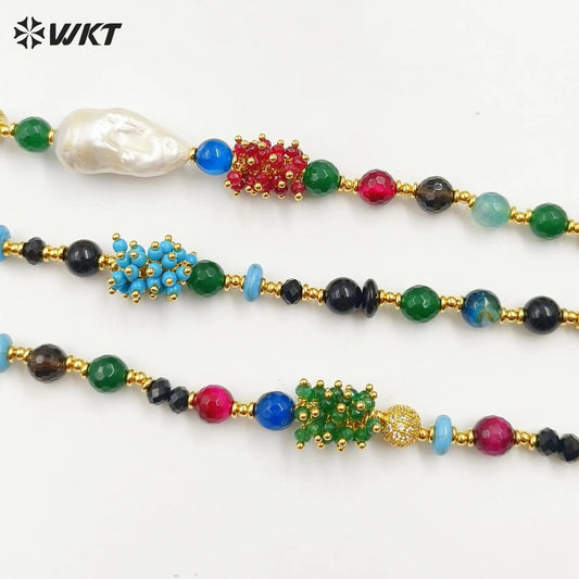 WT-JN265 Amazing Gorgeous 19 Inch Long With Micro Pave Zircon Clasp Close Natural Gemstone Beads Choker Necklace