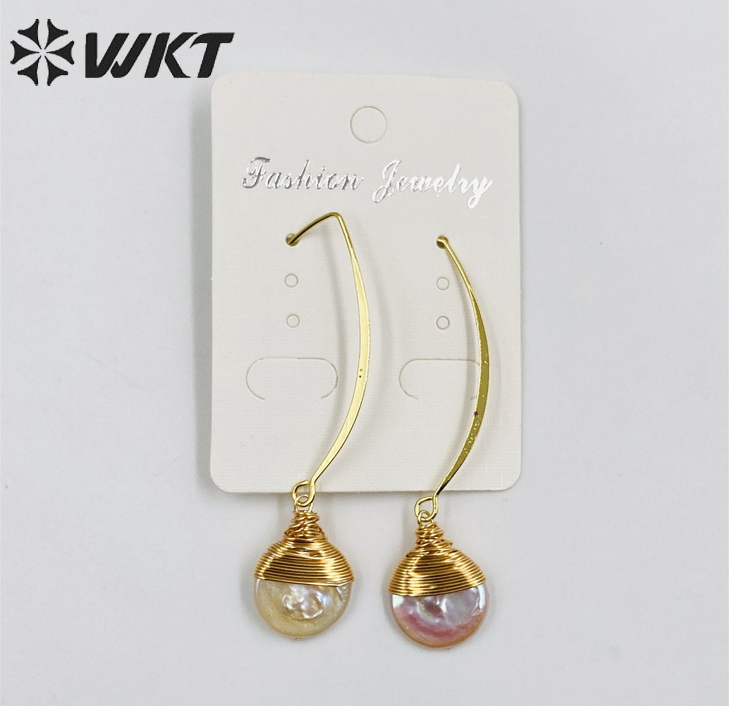 WT-E542 New Design Elegant White Pearl With Brass Wire Wrapped Pendant Earrings Natural Freshwater Pearl Earring