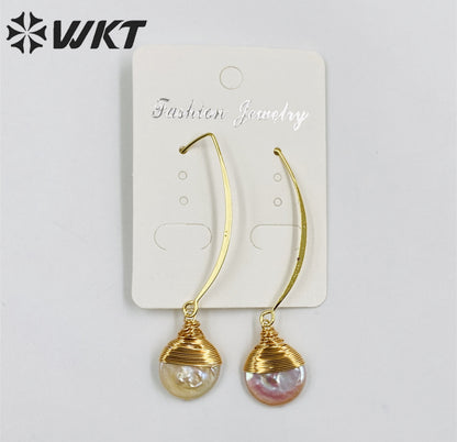 WT-E542 New Design Elegant White Pearl With Brass Wire Wrapped Pendant Earrings Natural Freshwater Pearl Earring