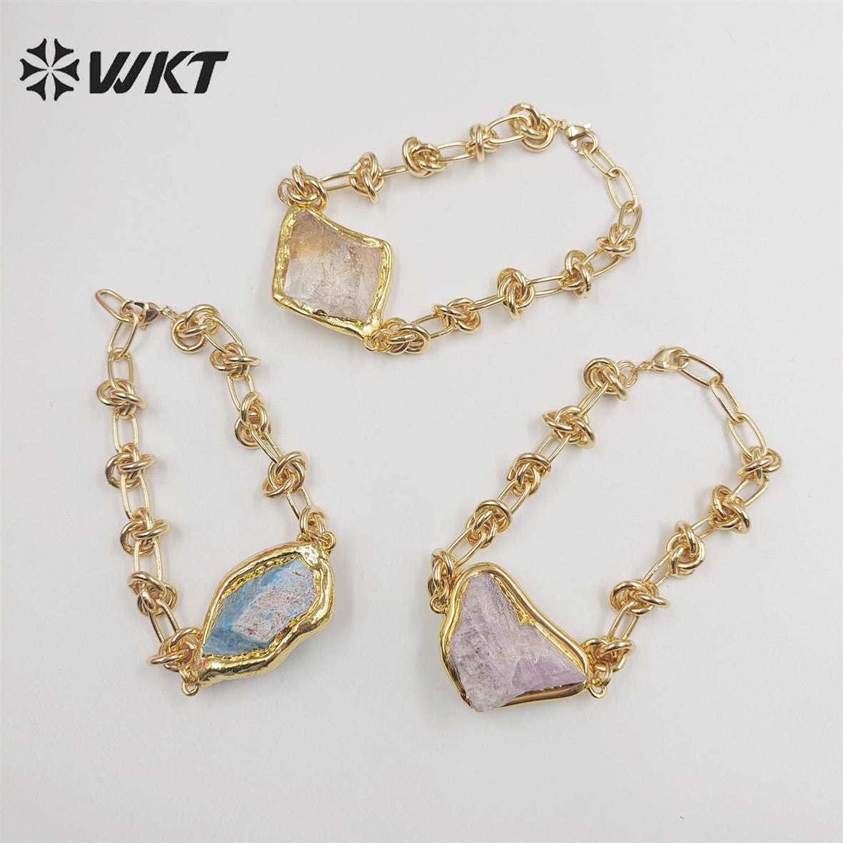 WT-B614 WKT Handmade New Knotted Shape Metal Chain Bracelets 18k Real Gold Plated Resist Tarnishable Natural Raw Stone Bracelets