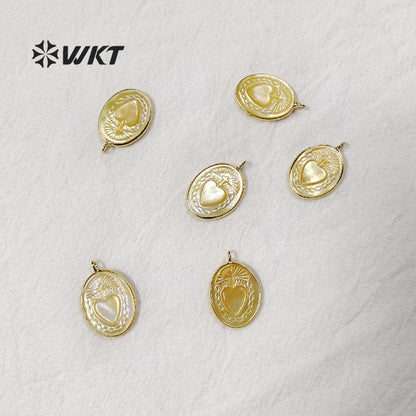 WT-JP055 Natural Shell With Mysterious Pattern Pendant for Women Necklace Making Oval Shape Gold Bezel Sea Shell Pendant