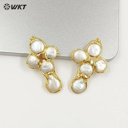 WT-JP421 Wholesale Back Full Gold Electroplated Round Natural Freshwater Pearls Cross Shape Pendant For Women Luxury Jewelry DIY