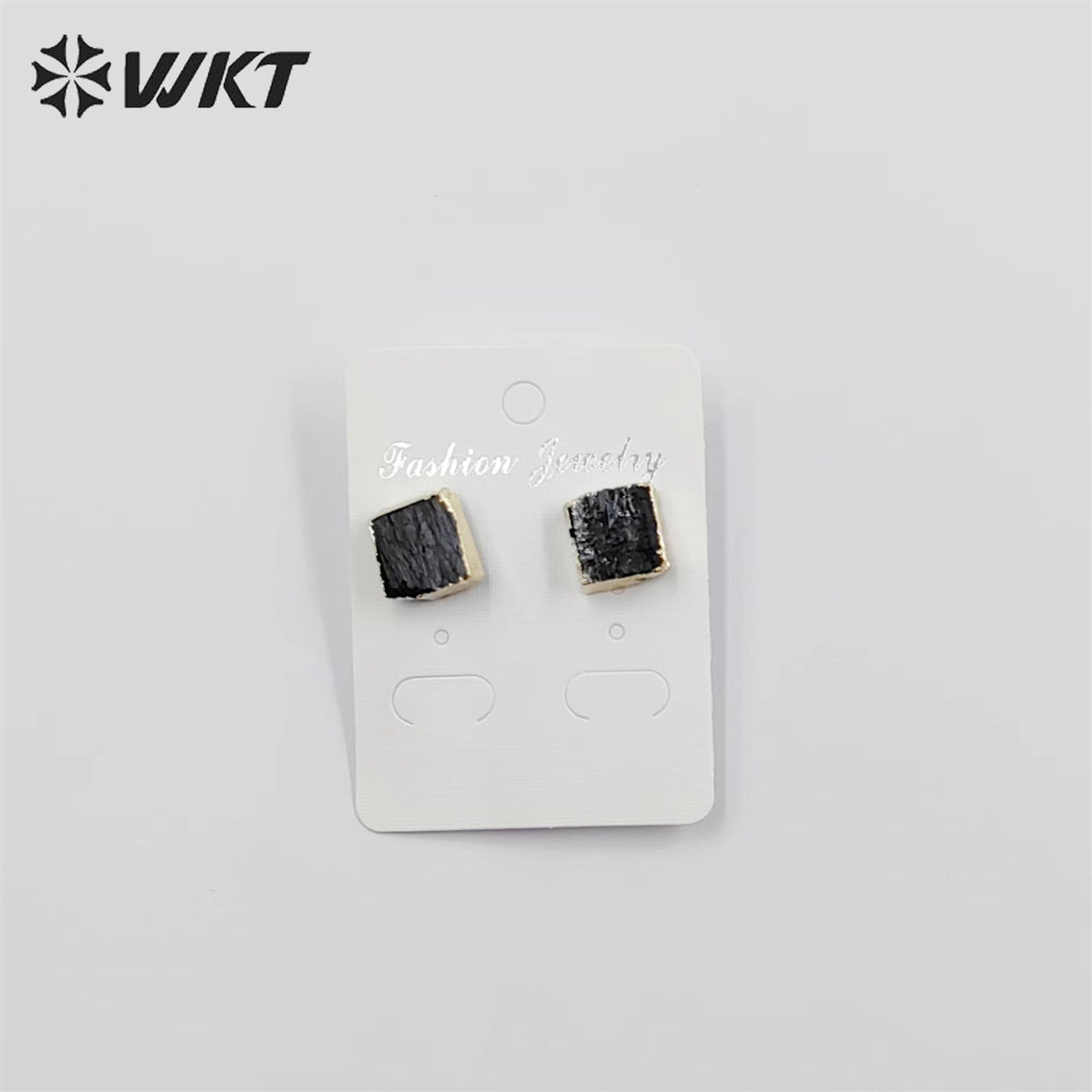 WKT-E701 WKT Newest Fashion 18k Gold Plated square Black Obsidian Studs 12mm Natural Raw Stone Studs for Women