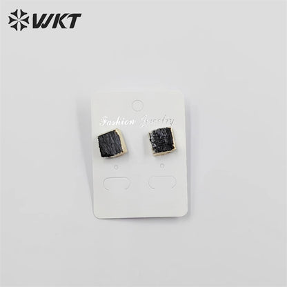 WKT-E701 WKT Newest Fashion 18k Gold Plated square Black Obsidian Studs 12mm Natural Raw Stone Studs for Women