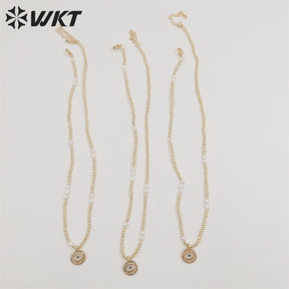WT-JN179 Wholesale Fashion Gold Plated Tiny Beads Elegant Lady Eye Necklace 2mm Hand Strand Beads Necklace for Friend Birthday