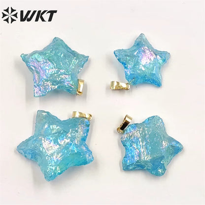 WT-P1885 Amazing Natural Aqua Aura Crystal Quartz Pendant Single Loop Raw Stone Quartz Star Pendant for Necklace Design