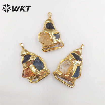 WT-P1906 WKT Exclusive Vintage Style Big Gemstone Pendants Handmade Gold Plated Yellow Citrine Stone Jewelry Pendants