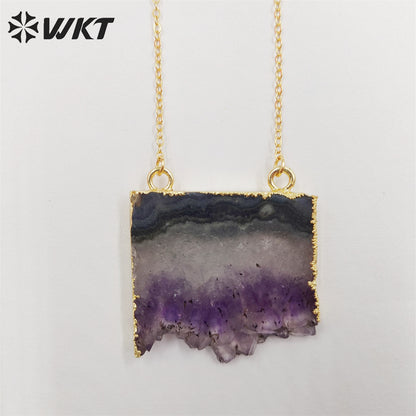 WT-N123 Hot Fashion Gold Slice Amethyst Stone Pendant Necklace High Quality Natural Brazil Druzy Amethyst Stone Necklace