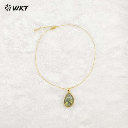 WT-N1453 Amazing Flashy Double Faceted Carving Natural Labradorite Stone Necklace With 18 Inch Chain Pendant Necklace