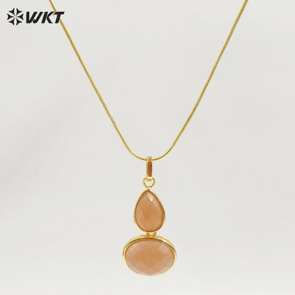 WT-N1537 Trendy Minimalism Gold Plated Thin Chain With Natural Gemstone Gourd Shape Pendant Necklace For Women Daily Wearing