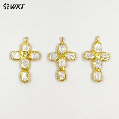 WT-JP420 New Sales Square Natural Freshwater Pearls Back Full Gold Plated Cross Shape Pendant For Jewelry DIY Accessories