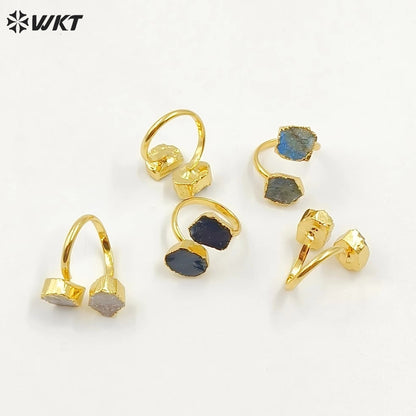 WT-R506 WKT Exclusive Design Double Natural Raw Gemstone Ring Women 18k Gold Plated Quartz Stone Birthday Gift
