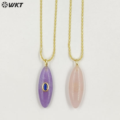 WT-N1509 High Quality Thin Chain Gold Electroplated Natural Gemstones With Zircon Long Oval Shape Pendant Necklaces As Lady Gift