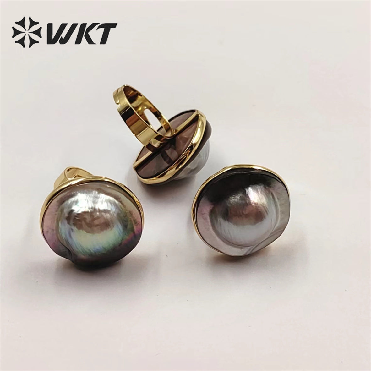 WT-MPR043 WKT 2022 High Quality New Style MABE Black Pearl Size 23 MM Ring Adjustable Finger Ring Gold-plate Luck Ring Jewelry