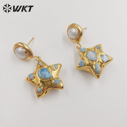 WKT-E674 Amazing Fashion Gold Plated Natural Blue Ocean jasper Stone Earrings Women Charming Dangle Star Pearl Earrings