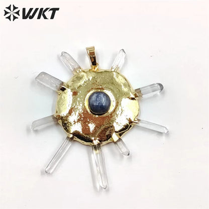 WT-P1884 WKT New Design Fashion Crown Shape Crystal Quartz Pendant Boho Women Round Wheel Stone Pendant for Necklace