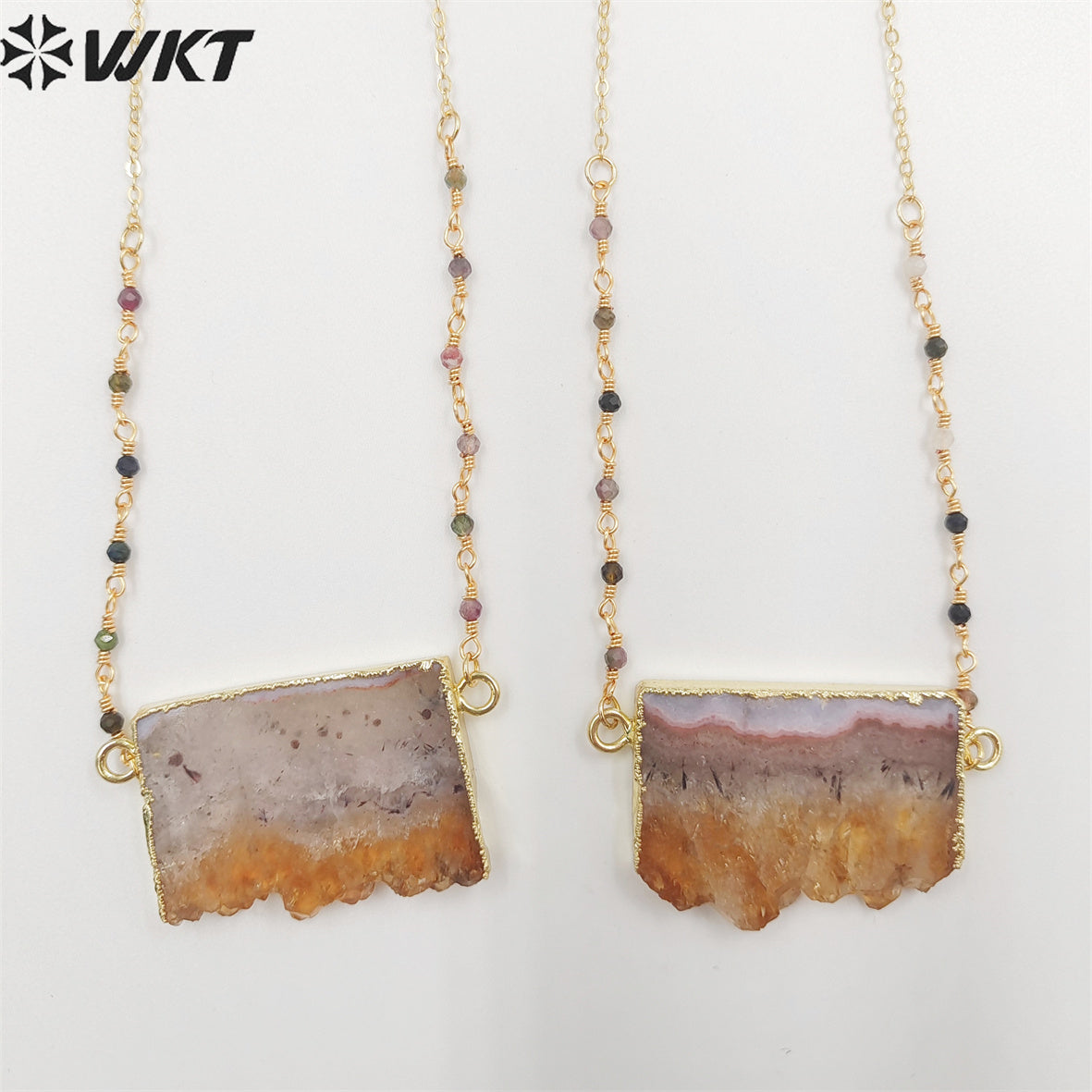 WT-N1404 Wholesale Newest Fashion Gold Double Loops Natural Yellow Citrine Tourmaline Necklace 3mm Beads Slice Stone Necklace