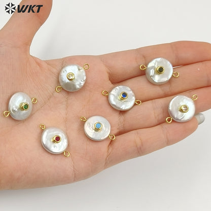 WT-JP252 WKT NEW Natural Freshwater Pearl Cross Pendant Fashion Gold Simple Cz Charm Double Loops Connector As Jewelry Findings