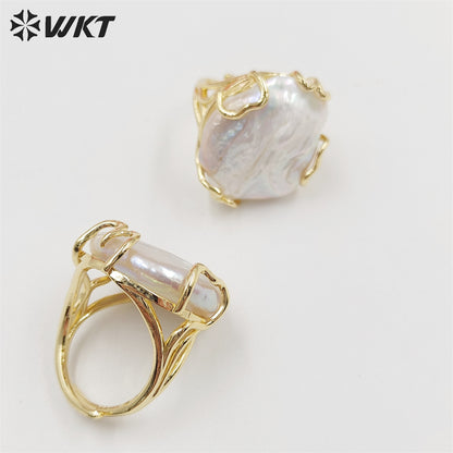 WT-MPR044 WKT Exclusive Gorgeous Handmade Claw Setting Natural Freshwater Pearl Ring Open Size Round Coin Pearl Ring