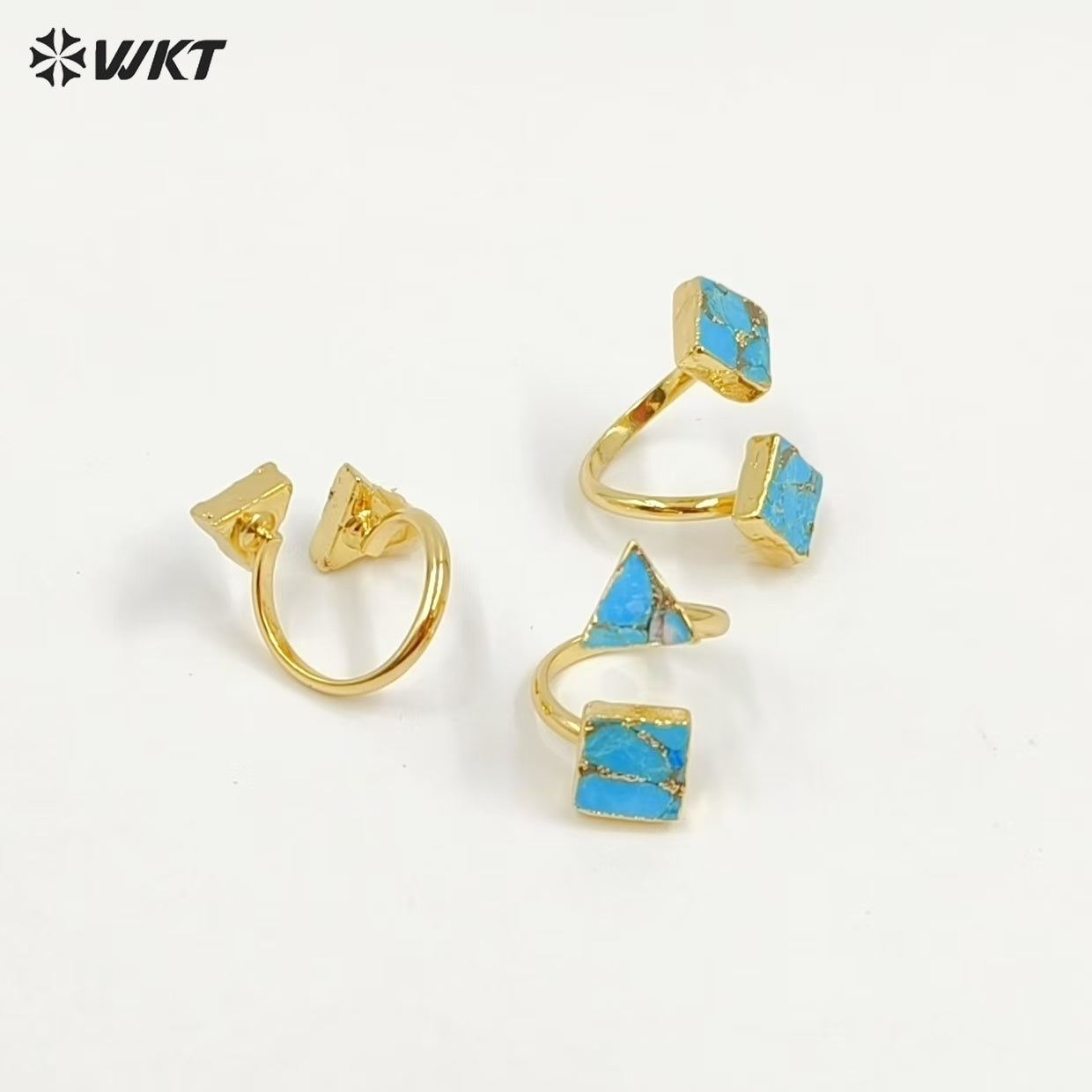 WT-R394 WKT 2022 Luxury Women's Jewelry 18k Real Gold Plated Copper Turquoise Stone for Lady Ring Gems Double Stone Ring