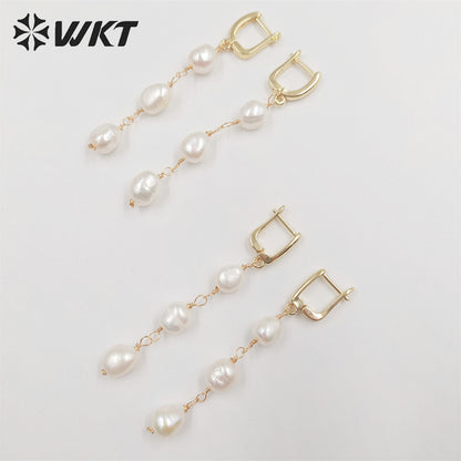 WT-MPE078 New Elegant Triple Freshwater Pearl Beads Make Clasp Earrings Fashion Gold Dangling Wire Wrapped Real Pearl Earrings