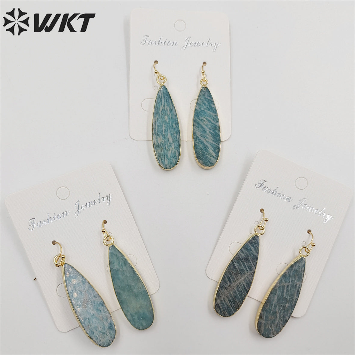 WT-E196 Newest Long Fashion Amazonite Teardrop Earrings, Fashion Gold Plated Stone Teardrop Earrings