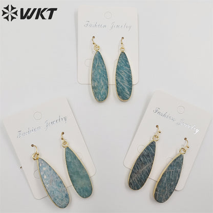 WT-E196 Newest Long Fashion Amazonite Teardrop Earrings, Fashion Gold Plated Stone Teardrop Earrings