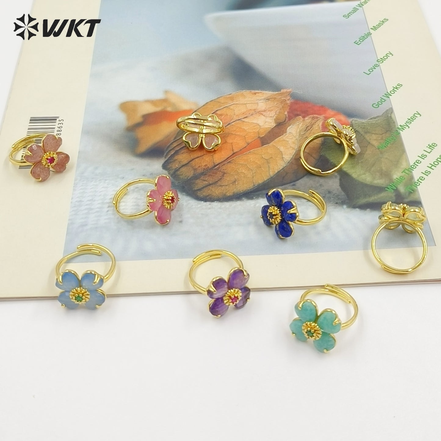WT-R602 Gorgeous Design Gold Plated Zircon And Colorful Natural Gemstone Flower Shape Rings Adjustable For Party Wearing Jewelry