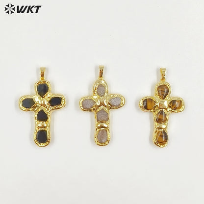 WT-P2045 Popular Sale Back Full Gold Electroplated Turquoise Natural Gemstones Cross Pendants As Fashion Necklace DIY Findings