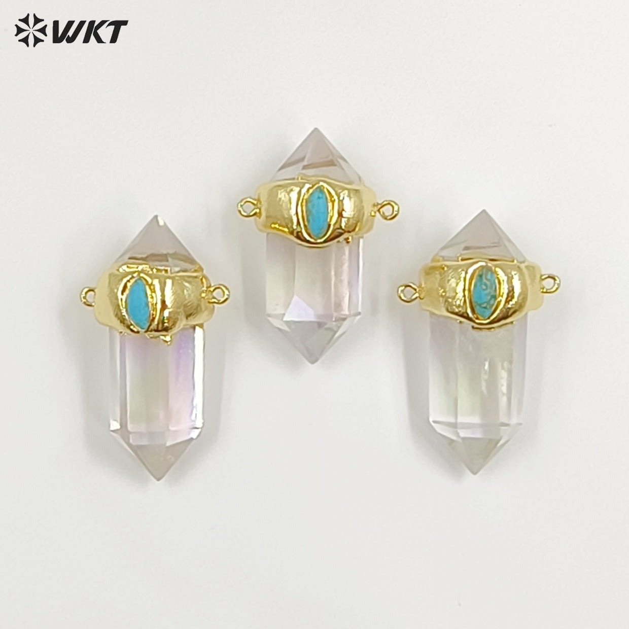 WT-P1552 Most Populared Double Loops Turquoise Charm Natural Crystal Quartz Point Pendant Healing Quartz Point Pendant Jewelry