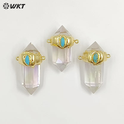 WT-P1552 Most Populared Double Loops Turquoise Charm Natural Crystal Quartz Point Pendant Healing Quartz Point Pendant Jewelry
