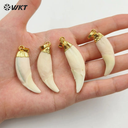 WT-P241 WKT Wholesale Artificial Tooth Pendants with Gold Color Cap Amazing Raw Horn Bone Pendants for Jewelry Making