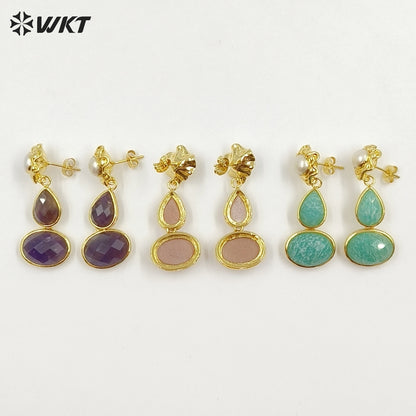 WT-E824 Exclusive Natural Pearl And Double Gemstones Gold Plated Women Earrings For Friends Vintage Beautiful Jewelry Gifts