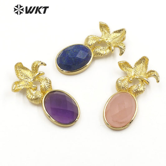 WT-P1923 Fashion Design Trendy New Precious Colorful Stone Flower Shaped Oval Amazonite Amethyst Gemstone Pendants
