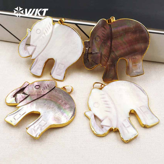 WT-P1345 Adorable Newest Shell Carved Elephant Pendant Unisex Handcarved Gold Trim Shell Elephant Pendant Natual Shell Pendant