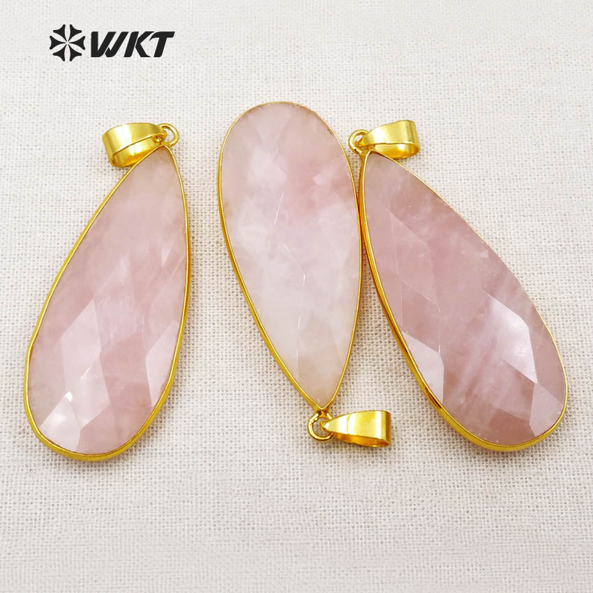 WT-P1348 Amazing Gold Bezel Faceted Natural Rose Quartz Teardrop Pendant, Women Hand Cabochon Faceted pink Teardrop Pendants