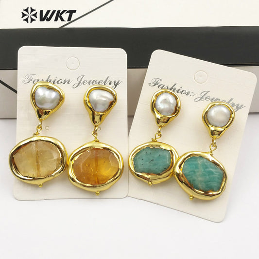 WT-E481 New Design of Female Elegant Freshwater Pearl Stone Jewelry Earrings Rose Quartz/Amazonite/Yellow Citrine Drop Earrings