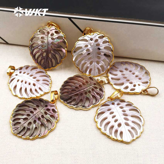 WT-P1346 New Fashionable Gold Plated Carved Shell Leaf Pendant Hot Sale Natural Hand Carved Shell Hollow Leaf Pendant